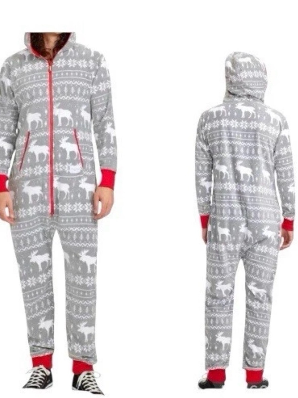 Tipsy Elves Christmas Holiday Gray Moose Fleece Jumpsuit Pajamas Adult L suit